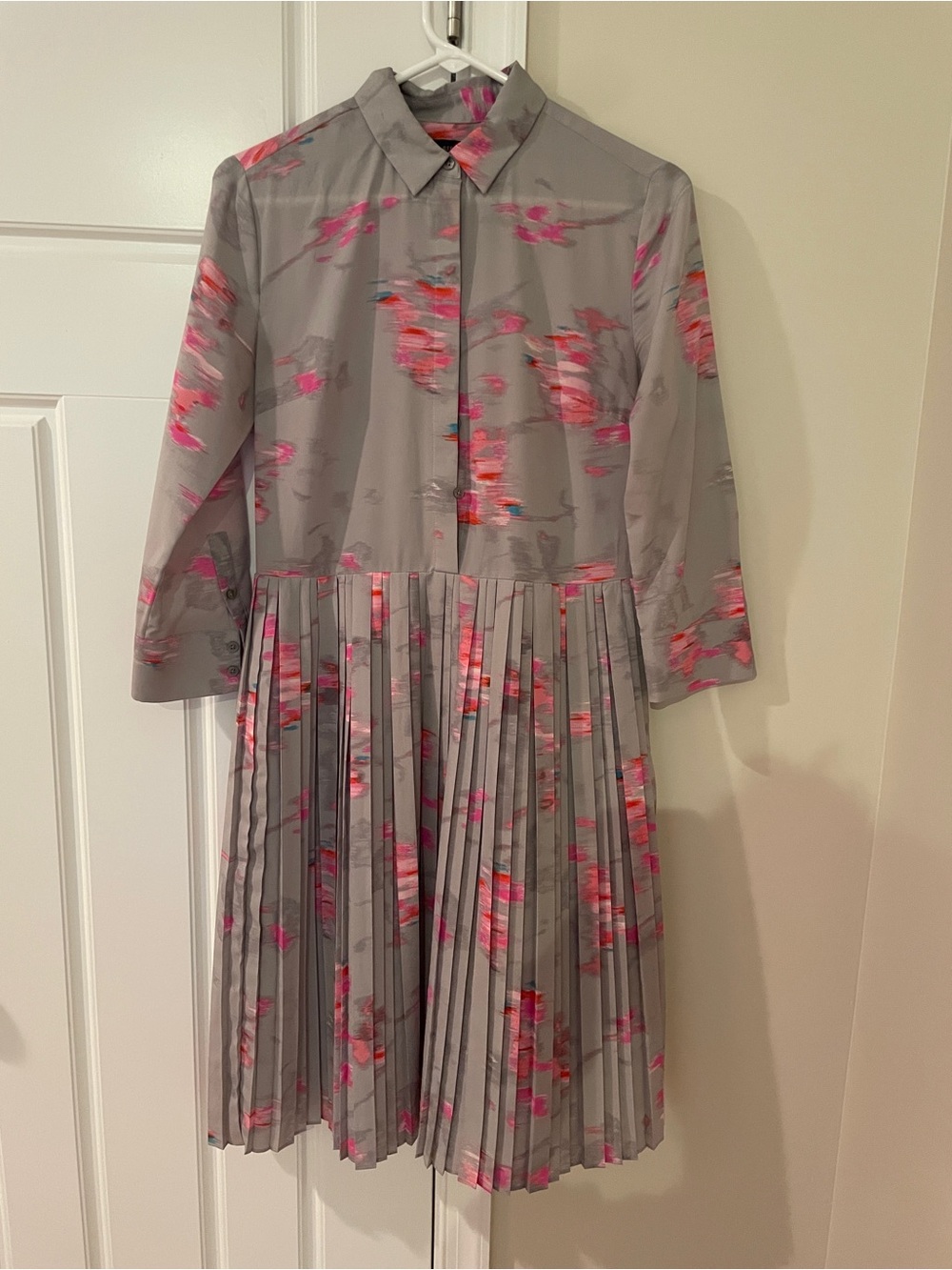 Banana Republic Grey Midi Shirt Dress with Pink & Coral Print Pleats Buttons